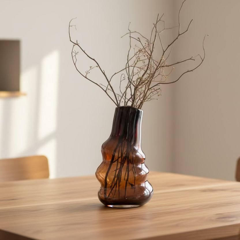 Brown vase with branches on a wooden table in a room setting