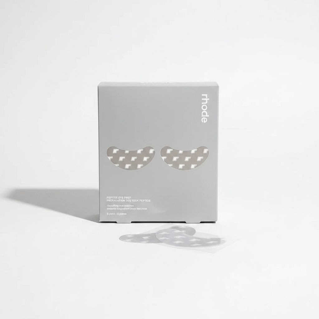 Two eye patches on a wooden surface with a box labeled 'rhode' in the background.