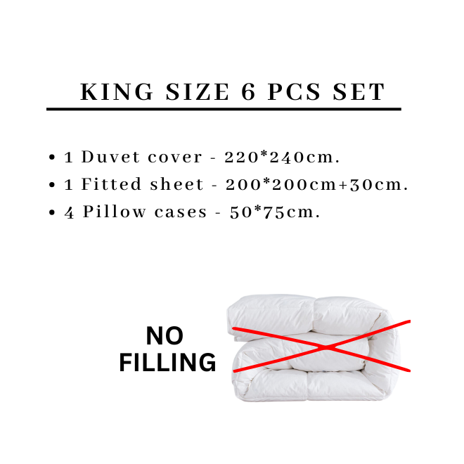 King size 6 pcs bedding set with dimensions and no filling text on a white background