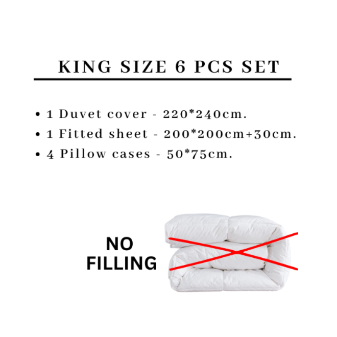 King size 6 pcs bedding set with dimensions and no filling text on a white background