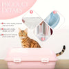 Pink cat litter box with a cat sitting inside, featuring product details on a white background.