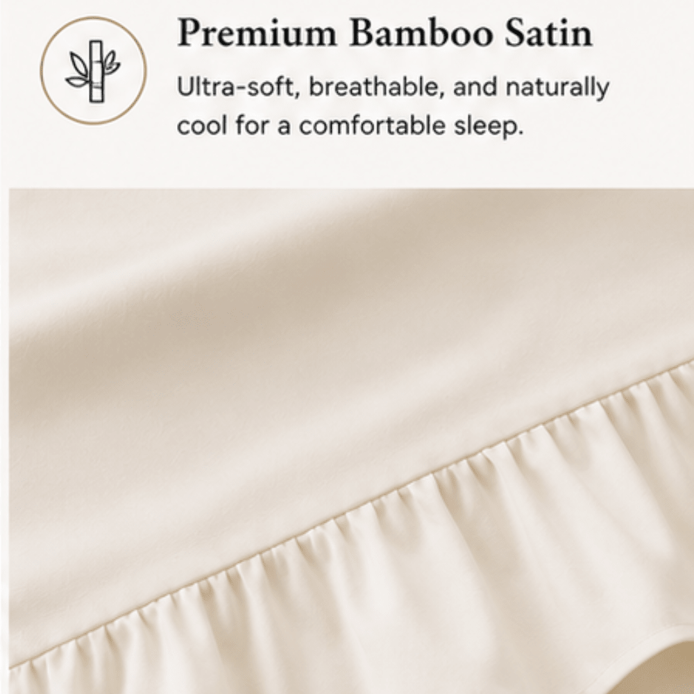 Bamboo Satin Queen size 6 pieces Ruffle Duvet Cover Set, Cream Color - BusDeals