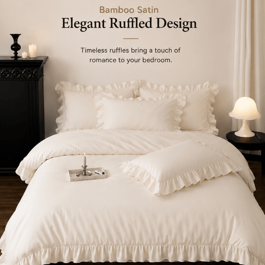 Bamboo Satin Queen size 6 pieces Ruffle Duvet Cover Set, Cream Color - BusDeals