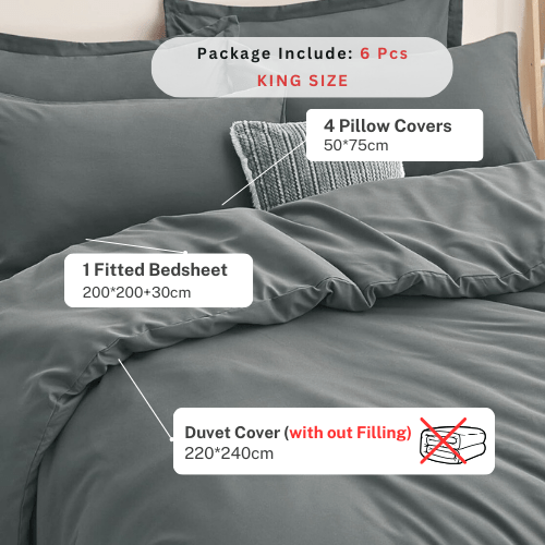 Basic King size 6 pieces, Luna Home Premium Quality Duvet Cover Set, Dark Gray color. - BusDeals