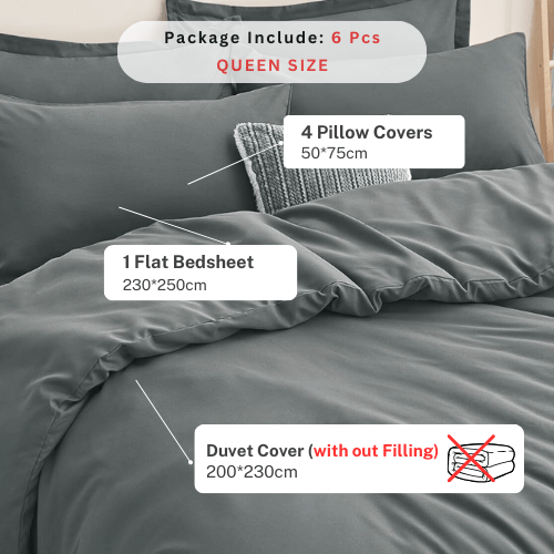 Basic Queen/Double size 6 pieces, Luna Home Premium Quality Duvet Cover Set. Dark Gray color. - BusDeals