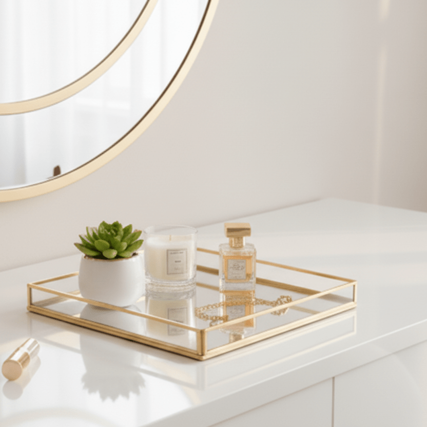 Brass Mirrored tray and glass size 26x26 cm - BusDeals