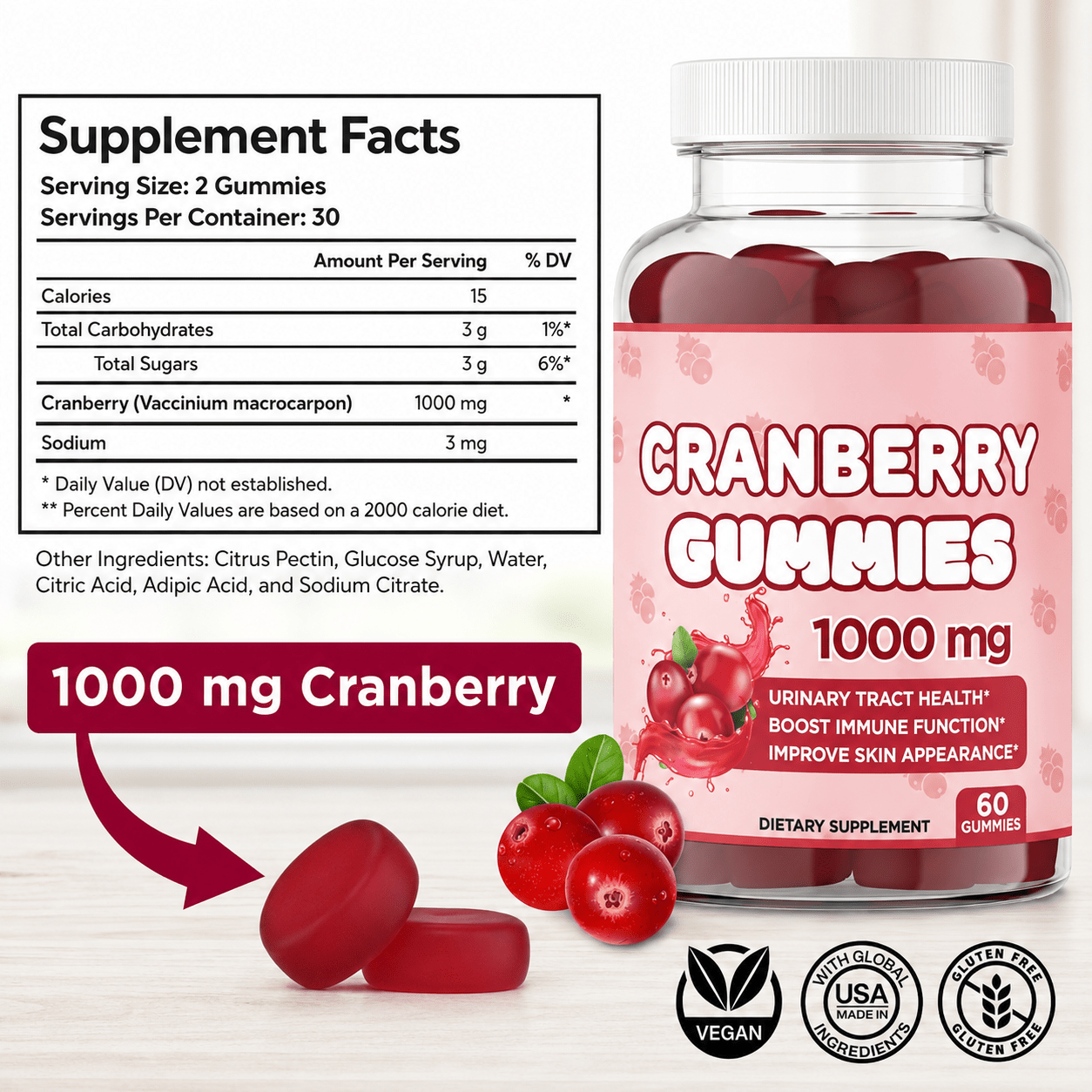 Cranberry Gummies Urinary Tract Health Gummies 1000mg - Supports Bladder, Kidney, ICU - Vegetarian (Cranberry 60 Gummies) - BusDeals