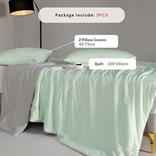 Icy Silky Summer Cool Quilt Set of 3 Pieces, Green with Grey. - BusDeals