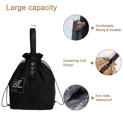 Insulated Lunch Bag with Drawstring Closure, Wide - Open Foldable Cooler Tote Bag, Black - BusDeals