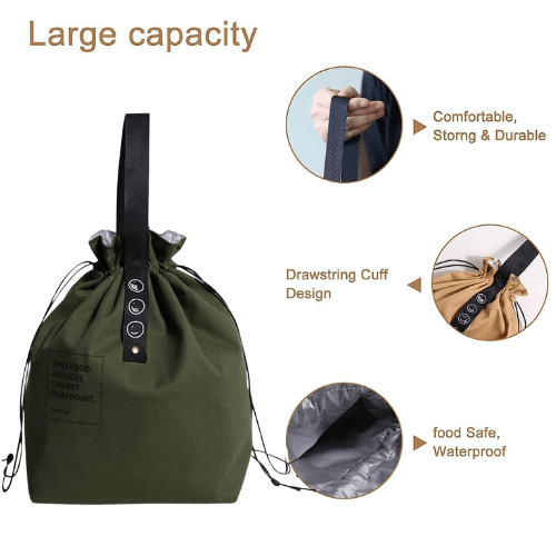 Insulated Lunch Bag with Drawstring Closure, Wide - Open Foldable Cooler Tote Bag,Green. - BusDeals