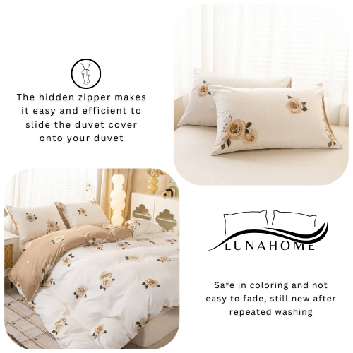 King 6 - piece beige duvet cover set featuring a beautiful rose design and reversible style. - BusDeals