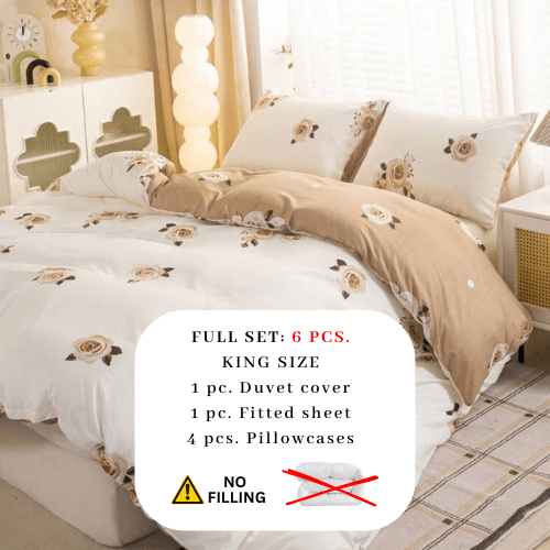 King 6 - piece beige duvet cover set featuring a beautiful rose design and reversible style. - BusDeals