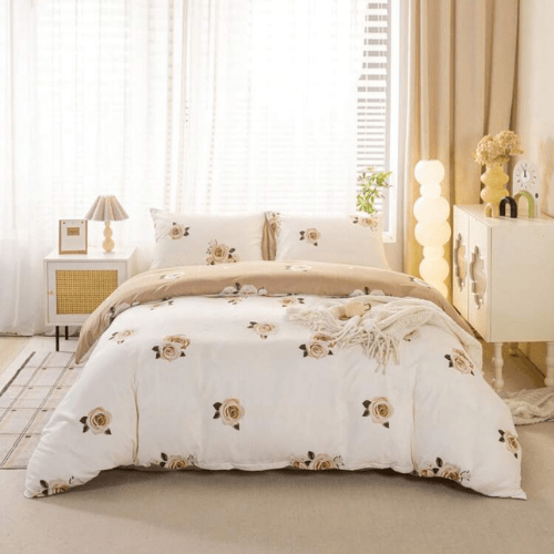King 6 - piece beige duvet cover set featuring a beautiful rose design and reversible style. - BusDeals