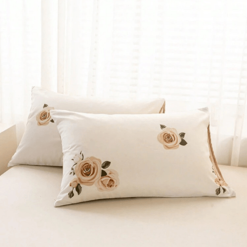 King 6 - piece beige duvet cover set featuring a beautiful rose design and reversible style. - BusDeals