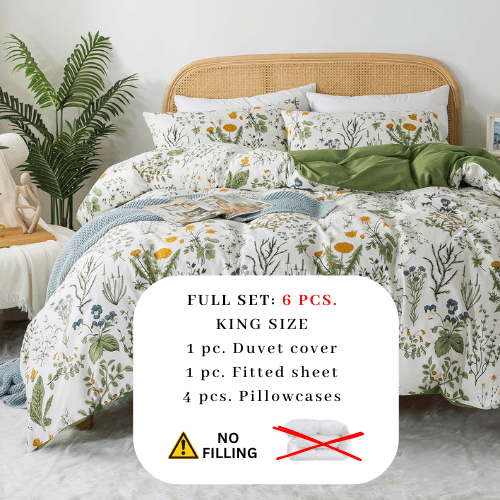 King size 6 piece bedding set adorned with green leaves. - BusDeals