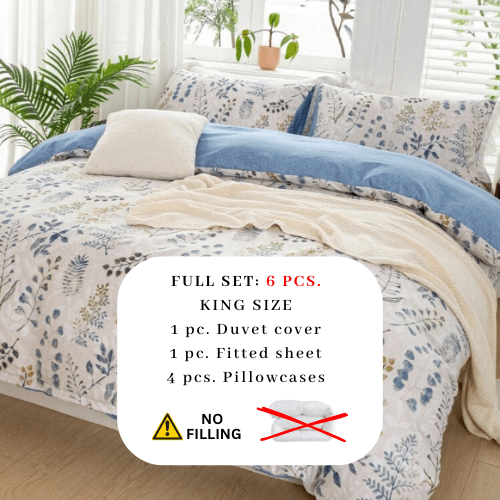 King size 6 piece bedding set, featuring a beautiful blue leaf design. - BusDeals