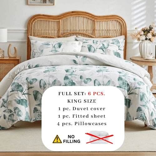 King size 6 piece beddsing set, with green and grey leaves. - BusDeals