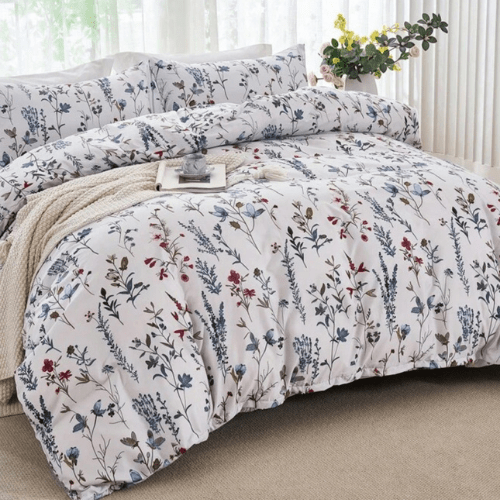 King size 6 - piece blue bedding set featuring a botanical floral design duvet cover. - BusDeals