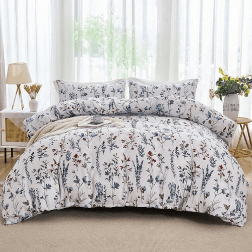 King size 6 - piece blue bedding set featuring a botanical floral design duvet cover. - BusDeals