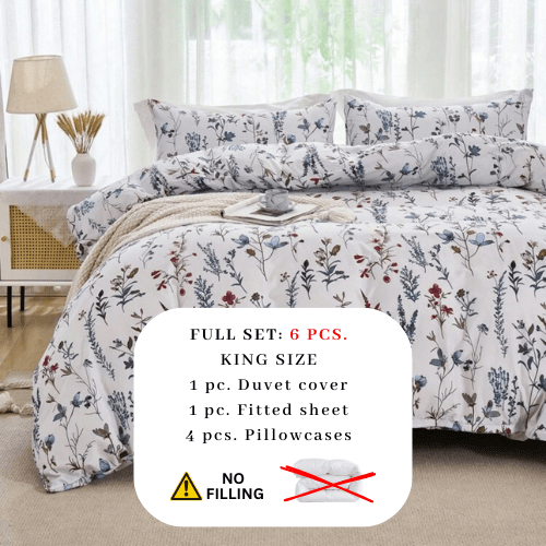 King size 6 - piece blue bedding set featuring a botanical floral design duvet cover. - BusDeals