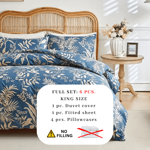 King size 6 - piece blue with beige leaf style duvet cover set. - BusDeals