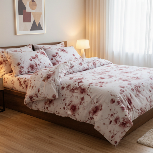 King size 6 - piece duvet cover set featuring a Sakura Dusty Pink print on a white background. - BusDeals
