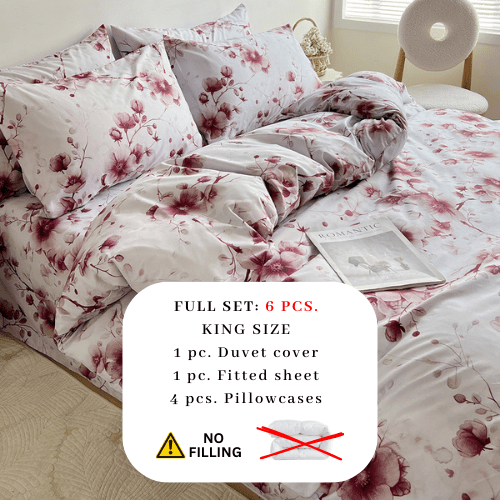 King size 6 - piece duvet cover set featuring a Sakura Dusty Pink print on a white background. - BusDeals