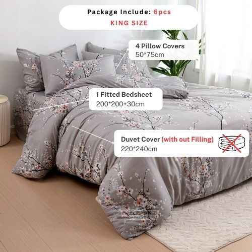 King size 6 piece duvet cover set gray plum blossom bedding set. - BusDeals