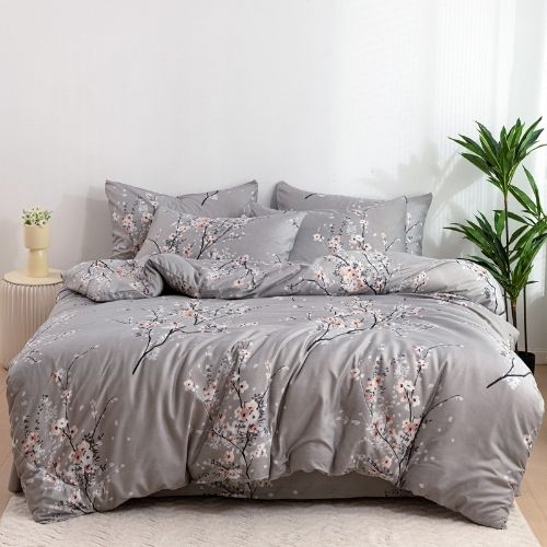 King size 6 piece duvet cover set gray plum blossom bedding set. - BusDeals