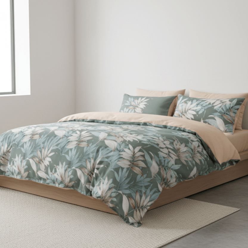 King size 6 piece duvet cover set green with leaf pattern, soft quality. - BusDeals