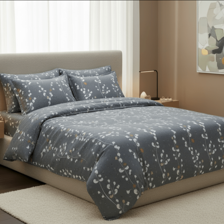 King size 6 - piece duvet cover set grey yellow branches print pattern. - BusDeals