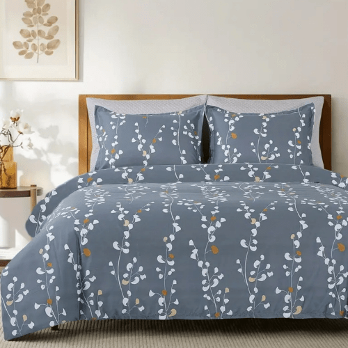 King size 6 - piece duvet cover set grey yellow branches print pattern. - BusDeals