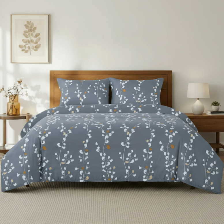 King size 6 - piece duvet cover set grey yellow branches print pattern. - BusDeals