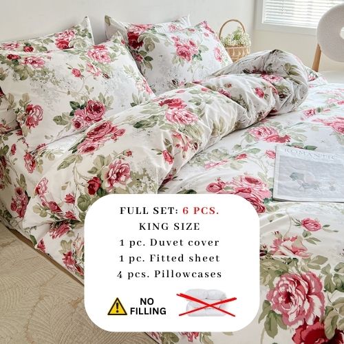 King size 6 - piece duvet cover set rose print with green leaves. - BusDeals