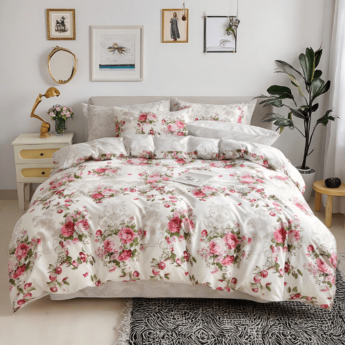 King size 6 - piece duvet cover set with Burgundy roses, reversible style. - BusDeals