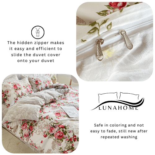 King size 6 - piece duvet cover set with Burgundy roses, reversible style. - BusDeals