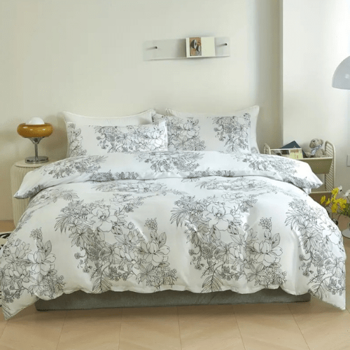 King size 6 piece floral bedding set in black and white vintage style. - BusDeals