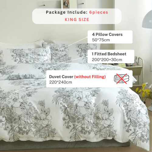 King size 6 piece floral bedding set in black and white vintage style. - BusDeals
