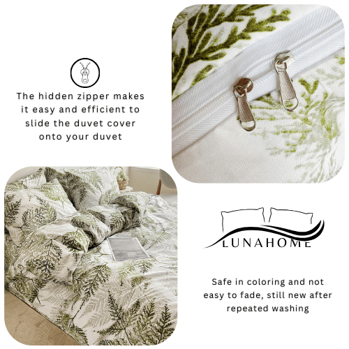 King size 6 - piece modern duvet cover set with green leaf pattern. - BusDeals