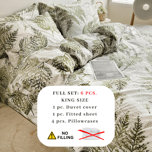 King size 6 - piece modern duvet cover set with green leaf pattern. - BusDeals