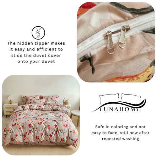 King size 6 - piece modern duvet cover set with orange floaral design. - BusDeals