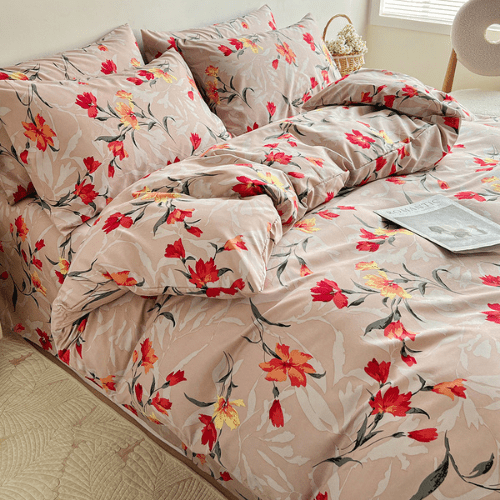 King size 6 - piece modern duvet cover set with orange floaral design. - BusDeals