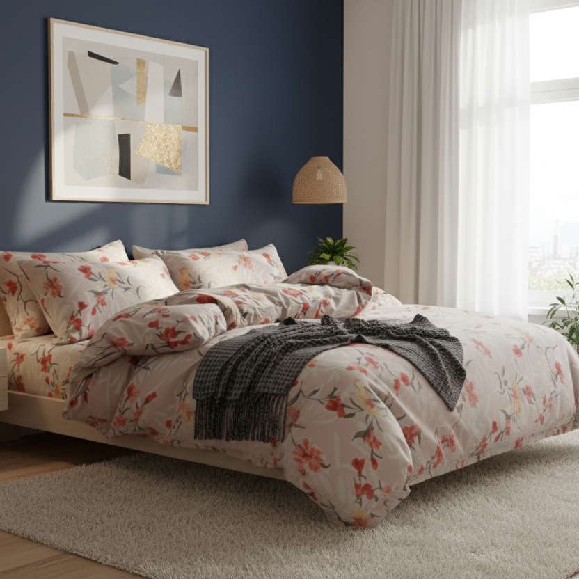 King size 6 - piece modern duvet cover set with orange floaral design. - BusDeals