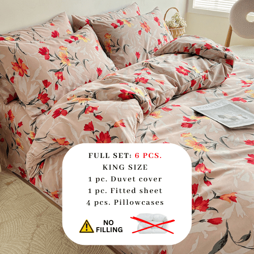 King size 6 - piece modern duvet cover set with orange floaral design. - BusDeals