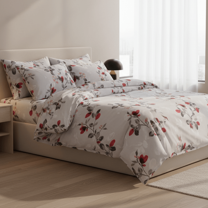 King size 6 - piece modern duvet cover set with red leaf. - BusDeals
