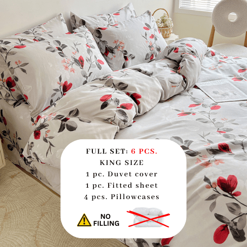 King size 6 - piece modern duvet cover set with red leaf. - BusDeals