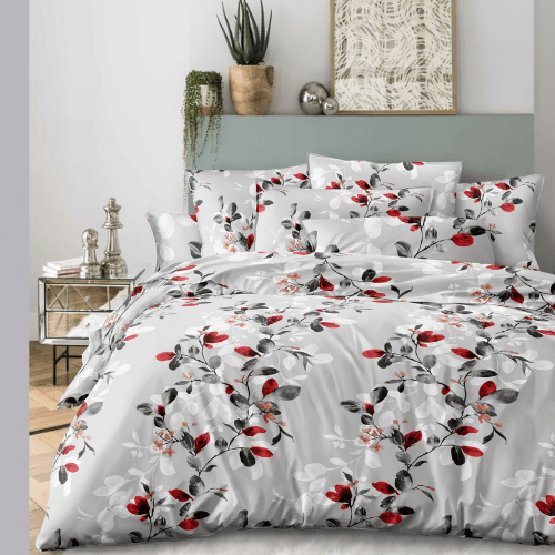 King size 6 - piece modern duvet cover set with red leaf pattern. - BusDeals