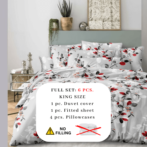 King size 6 - piece modern duvet cover set with red leaf pattern. - BusDeals
