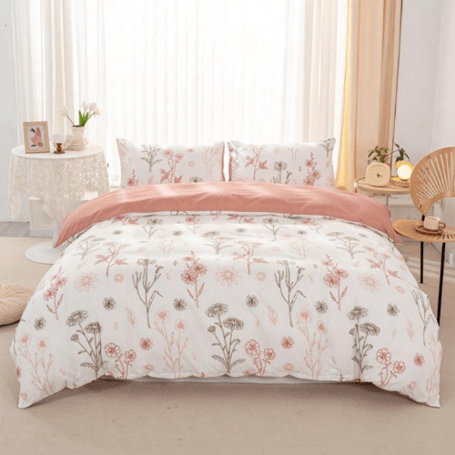 King size 6 - piece peach bedding set featuring a botanical floral design duvet cover. - BusDeals