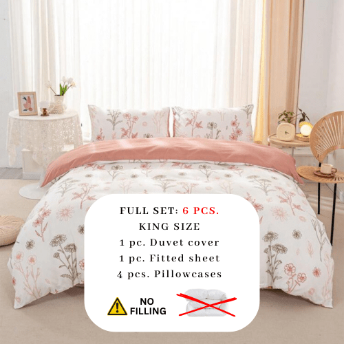 King size 6 - piece peach bedding set featuring a botanical floral design duvet cover. - BusDeals